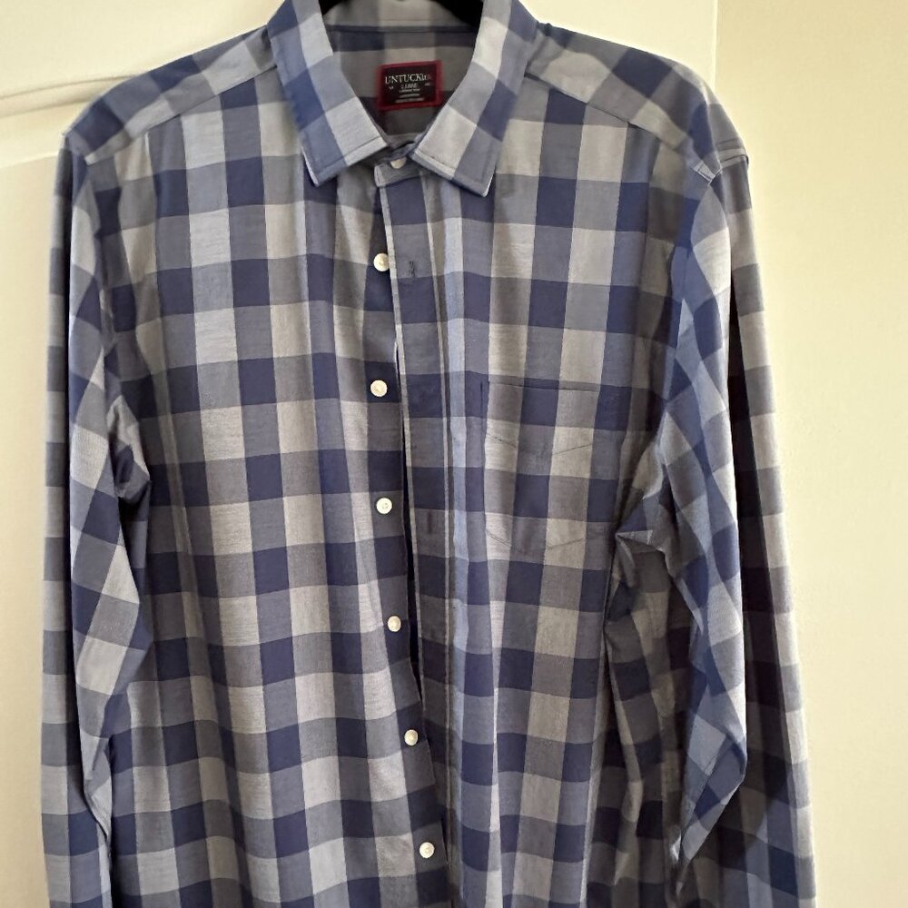 Untuckit Men's Blue + Grey Plaid No-Wrinkle Dress Shirt - Size L - NWOT